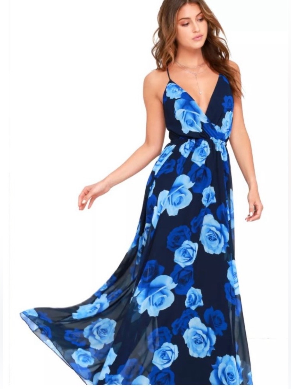 Lulu’s Blue Floral Wrap Maxi Dress - Women's Navy & Blue Rose Print